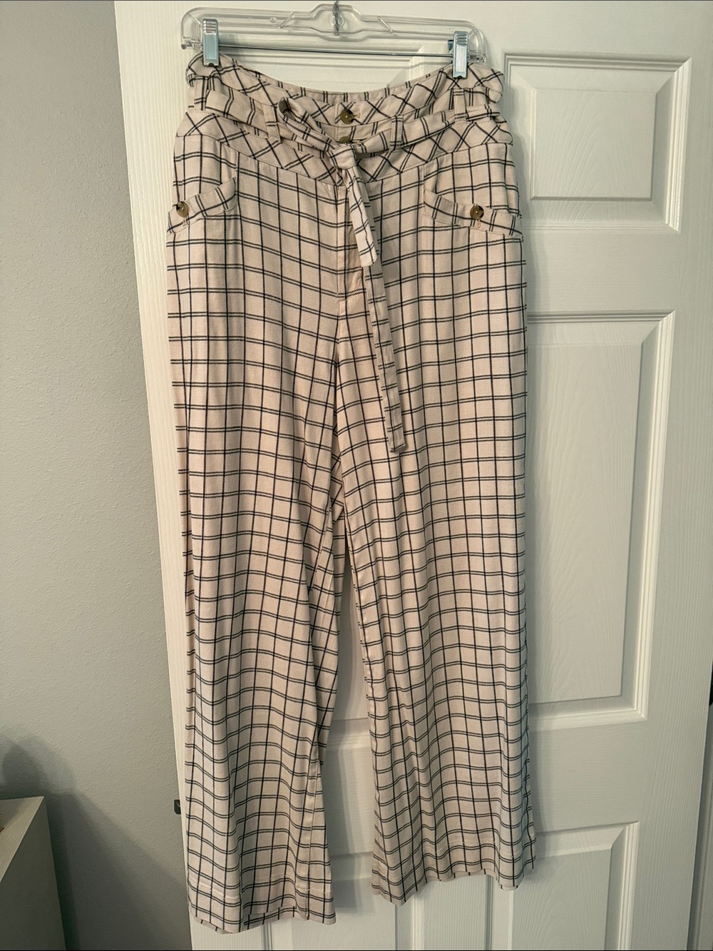 Anthropologie Tie-Waist Wide Leg Pants - Ivory Plaid